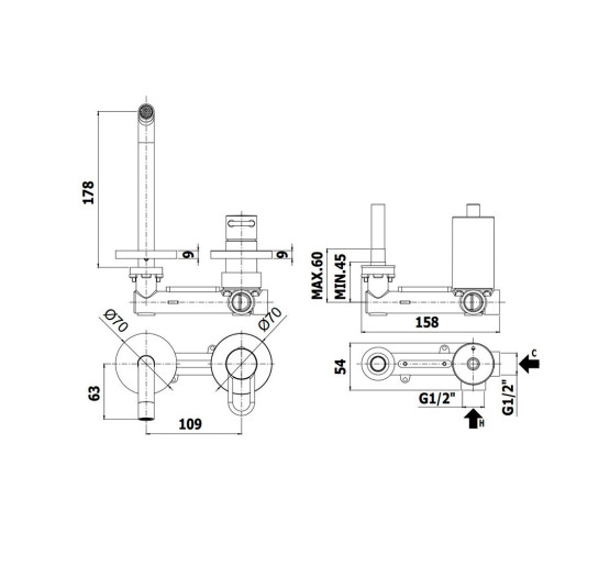Змішувач для раковини настінний Paffoni Joker (колір - чорний матовий), вилив 178 мм