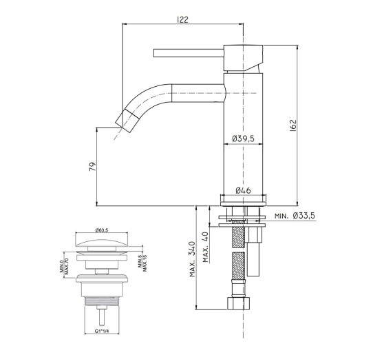 Смеситель для раковины Paffoni Light (цвет – глянцевое золото), с донным клапаном Clic-Clac