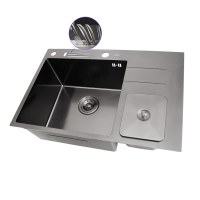 Чорна кухонна мийка з нержавійки з вбудованим смітником Nett NBM-7047