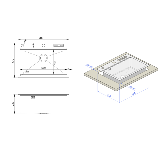 Чорна кухонна мийка з нержавійки 1.5 мм багатофункціональна Nett NB-7048