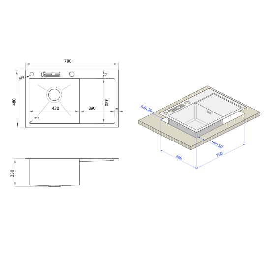 Накладная кухонная мойка с правым крылом Nett NS-7848(R)
