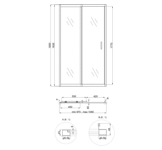 Душевые двери в нишу Qtap Taurus CRM201-11. C6 97 - 108x185 см, стекло Clear 6 мм, покрытие CalcLess