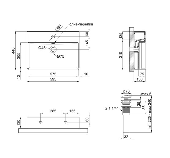 Раковина Qtap Nando LT 600х420х120 Matt black с донным клапаном QT12112173MBMB