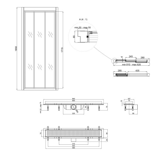 Набор Qtap дверь в нишу Unifold CRM208.C4 78-81x185 см, стекло Clear 4 мм, покрытие CalcLess + трап линейный Dry FB304-600 с сухим закривом и нержавеющей решеткой 600х73 мм
