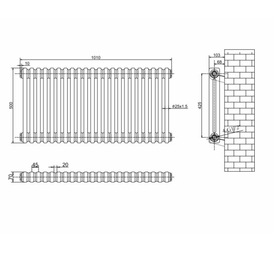 Горизонтальный дизайнерский радиатор отопления ARTTIDESIGN Bari G 22/500/1010 белый матовий