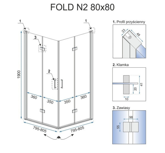 душова кабіна Rea Fold N2 Set 80x80 безпечне скло, прозоре( REA-K9990)