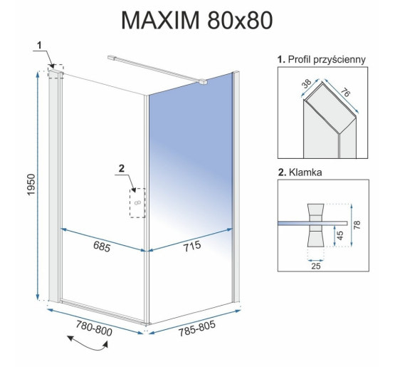 душова кабіна Rea Maxim 80x80 безпечне скло, прозоре, права (REA-K0268)