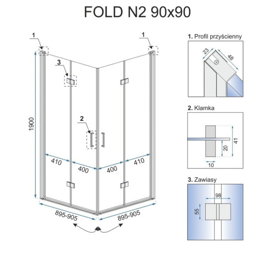 душова кабіна Rea Fold N2 Set 90x90 безпечне скло, прозоре( REA-K9991)