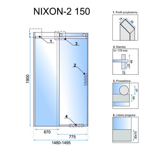 душові двері Rea Nixon-2 150x190 безпечне скло, прозоре, права (REA-K5009)