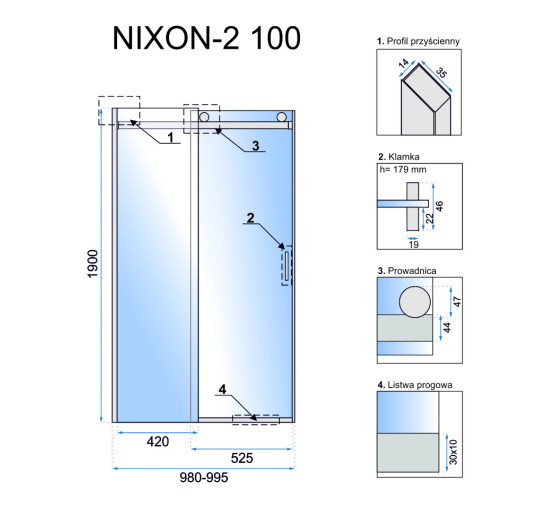душевая дверь Rea Nixon-2 100x190 безопасное стекло, прозрачное, правая (REA-K7440)