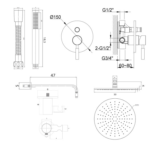 Душевая система KOHLMAN ROXIN 30 BLACK + BOX скрытого монтажа *