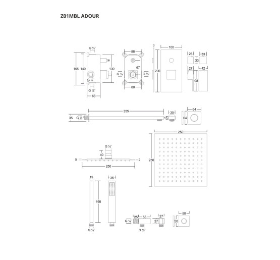 Душевая система CORSAN ADOUR BLACK + BOX скрытого монтажа *