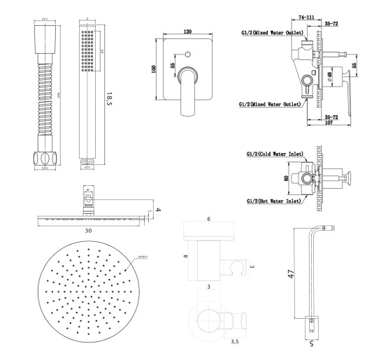 Душова система KOHLMAN EXPERIENCE 30 BRUSHED GOLD + BOX прихованого монтажу *