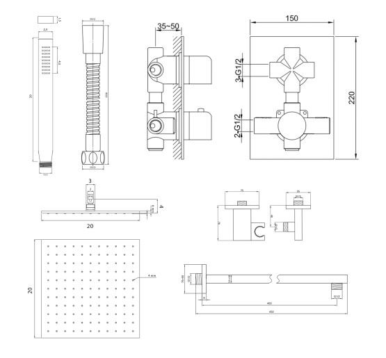 Душова система KOHLMAN EXCELENT 20 CHROME з термостатом + BOX прихованого монтажу