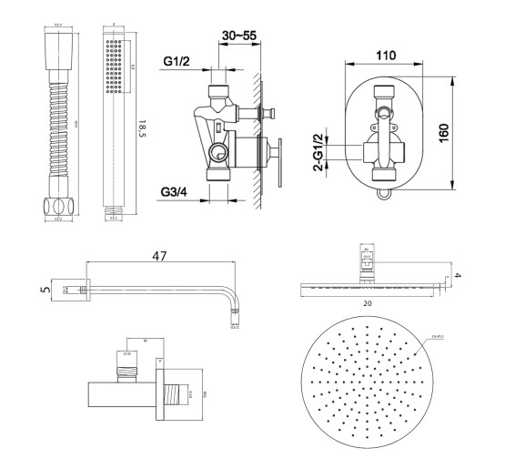 Душевая система KOHLMAN BOXINE 20 CHROME + BOX скрытого монтажа