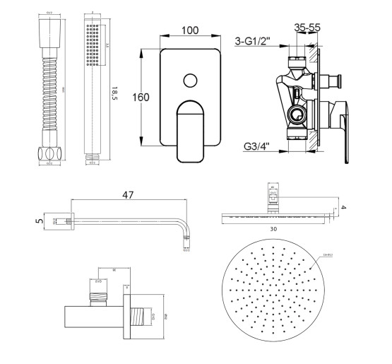 Душова система KOHLMAN TEXEN 30 CHROME + BOX прихованого монтажу *