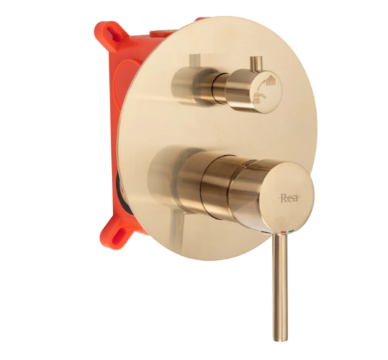 Душова система REA LUNGO BRUSHED GOLD з виливом + BOX прихованого монтажу