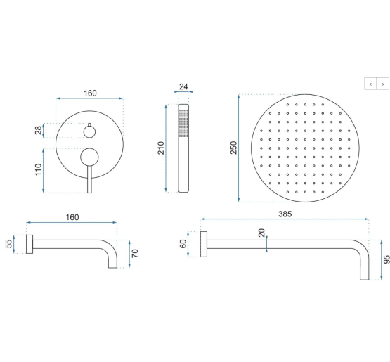 Душова система REA LUNGO BRUSHED GOLD з виливом + BOX прихованого монтажу