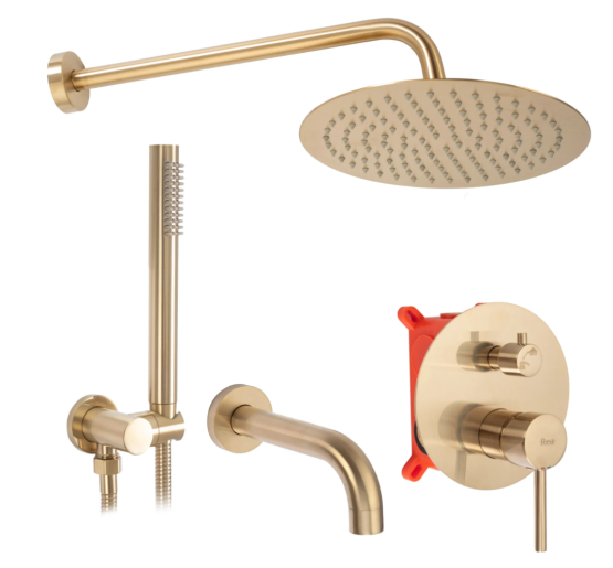 Душова система REA LUNGO BRUSHED GOLD з виливом + BOX прихованого монтажу