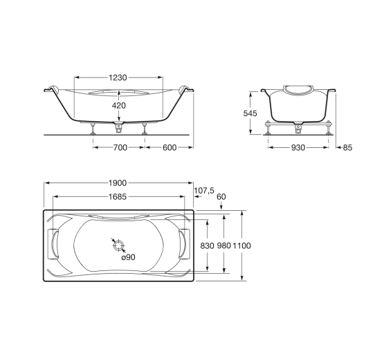 Прямоугольная акриловая ванна Roca BeCool с ручками и сифоном 190x110 (A247989001)